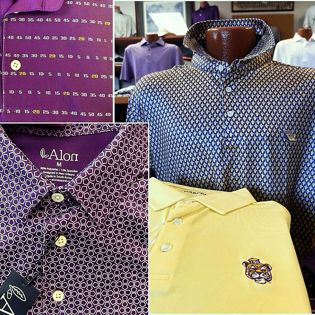 Patterned sport shirts and an LSU polo