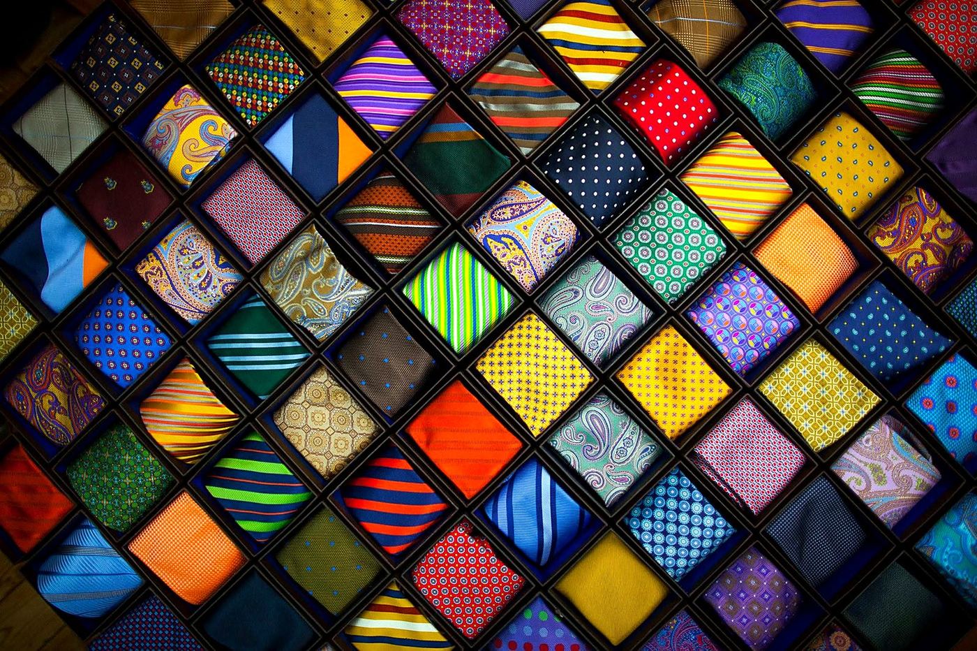 The tie wall at Harper's Haberdashery, hundreds of silk ties in every color